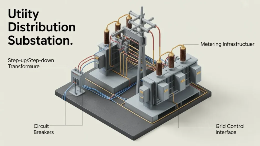 A labeled 3D isometric diagram of a utility distribution substation identifying transformers, circuit breakers, and metering infrastructure, which are used in interconnection delays.