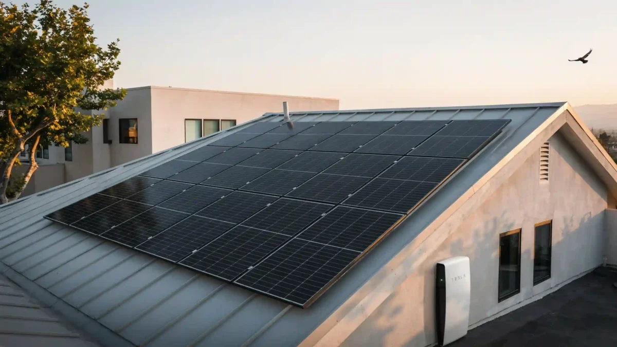Aerial perspective of a contemporary house with a large matrix of dark black Tesla solar panels on a metal roof, next to another building under a clear evening sky.