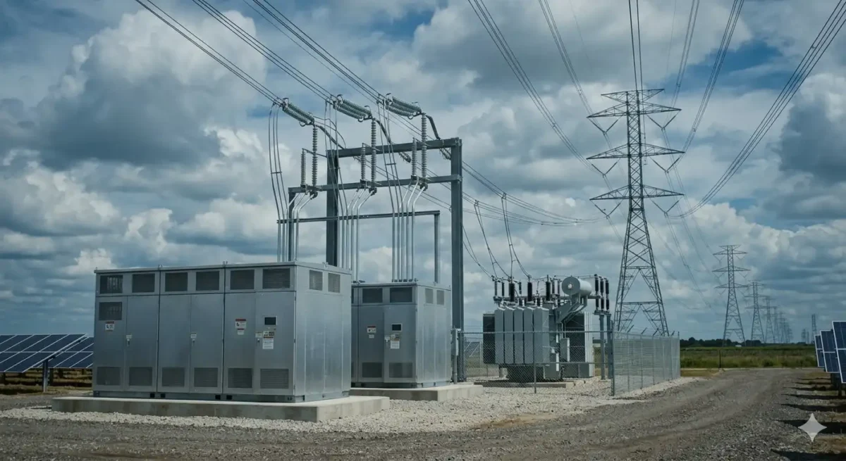Industrial inverters and a substation connecting a utility-scale project to transmission lines, highlighting infrastructure factors that determine are solar farms worth it for landowners.