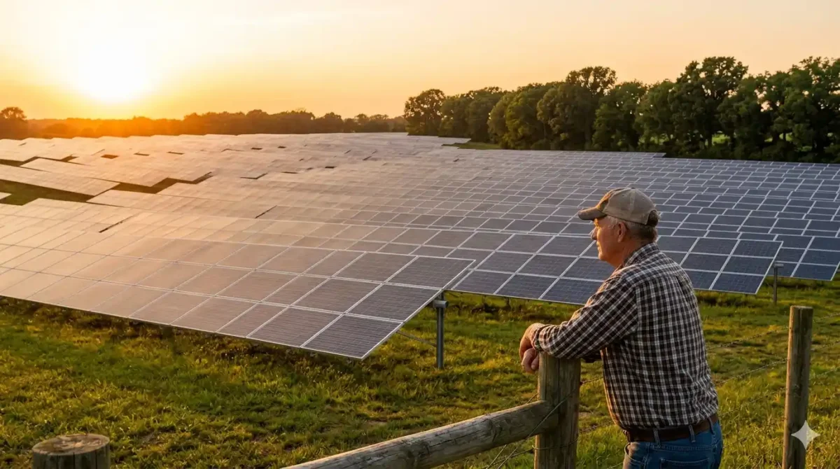 A farmer leaning on a wooden fence looking over a vast array of solar panels at sunset, evaluating are solar farms worth it for long-term passive income.