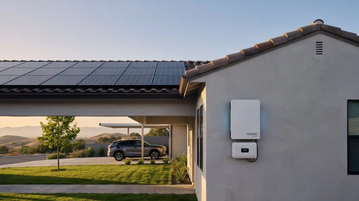 Split image showing a close-up of roof solar panels on top and a Voltaic home charging station below, highlighting the best solar battery storage integration for electric vehicles.