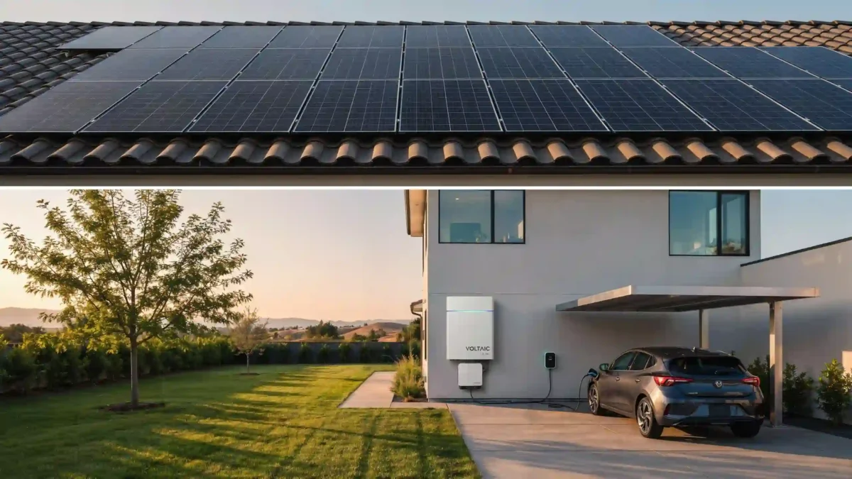 Voltaic home energy system mounted on an exterior wall showcasing the best solar battery storage alongside rooftop solar panels and an electric vehicle in the driveway.