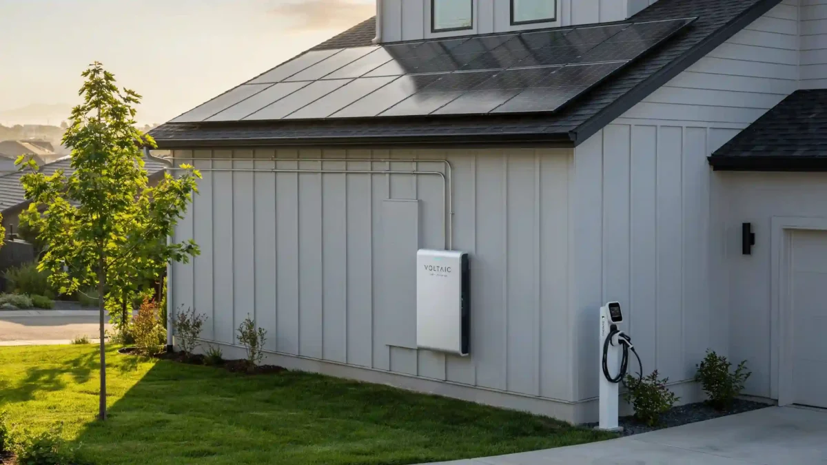 Sleek Voltaic lithium-ion wall unit installed on a white vertical siding home exterior, demonstrating the best solar battery storage setup next to a freestanding EV charging port.
