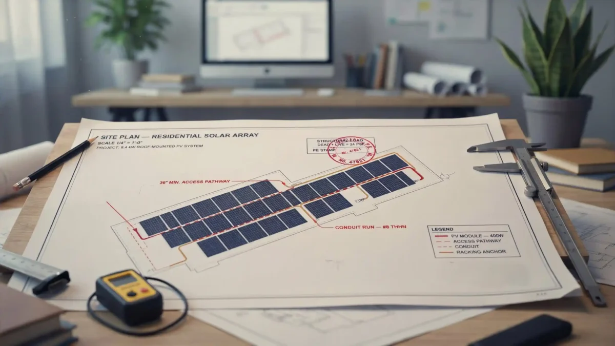 A residential solar array site plan showing a 36-inch minimum access pathway and an approved PE structural load stamp required for solar panel permit requirements.