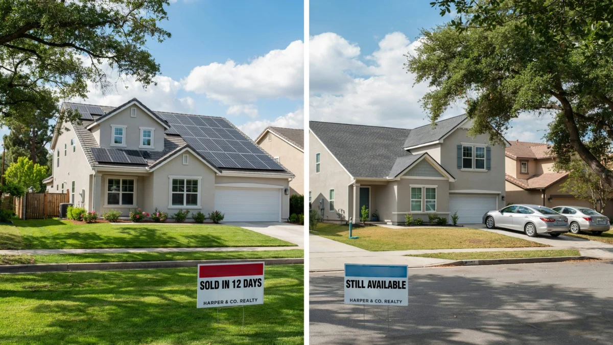 A split-screen comparison showing how much faster do houses sell with solar, featuring a quick-selling property on the left and an unsold standard home on the right.