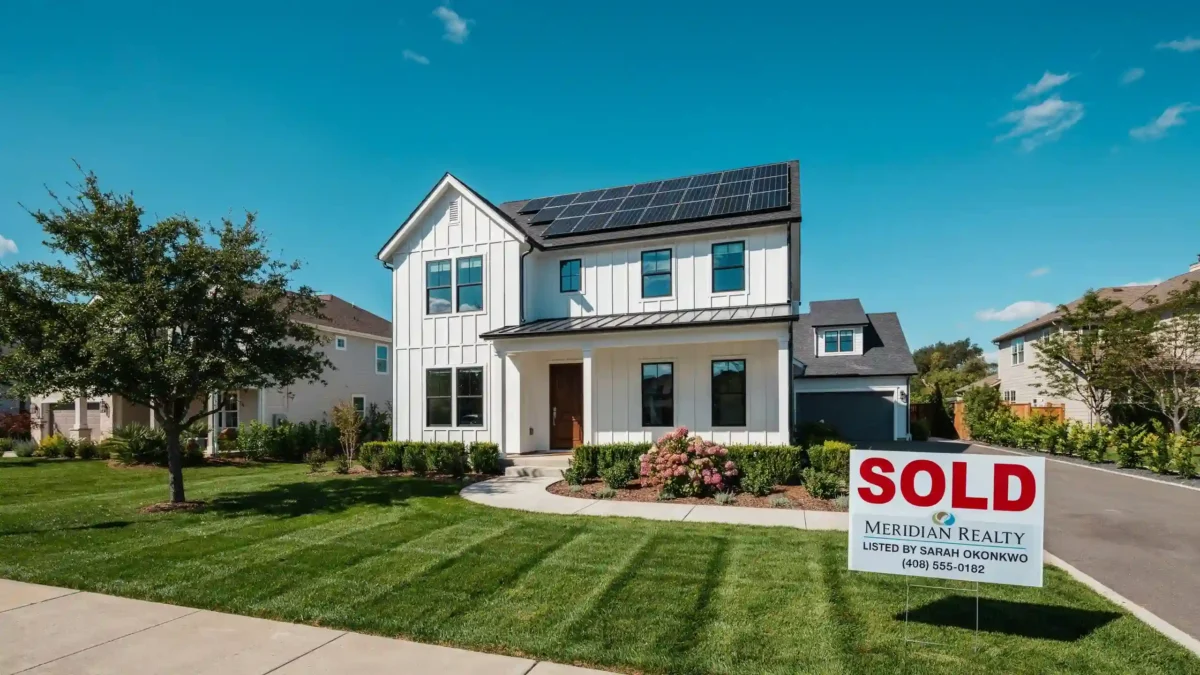 A white farmhouse property with a "SOLD" sign in the front yard, answering the question of how much faster do houses sell with solar.
