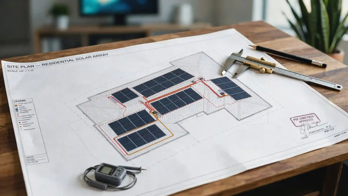 A residential solar array site plan blueprint laid out on a wooden table, showing technical details and engineering stamps necessary to meet local solar panel permit requirements.