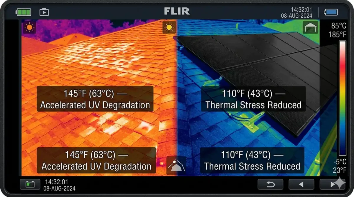 A split FLIR thermal imaging scan showing the science behind do solar panels cause roof damage, contrasting a hot 145°F bare shingle roof with a cool 110°F section shielded by solar panels.