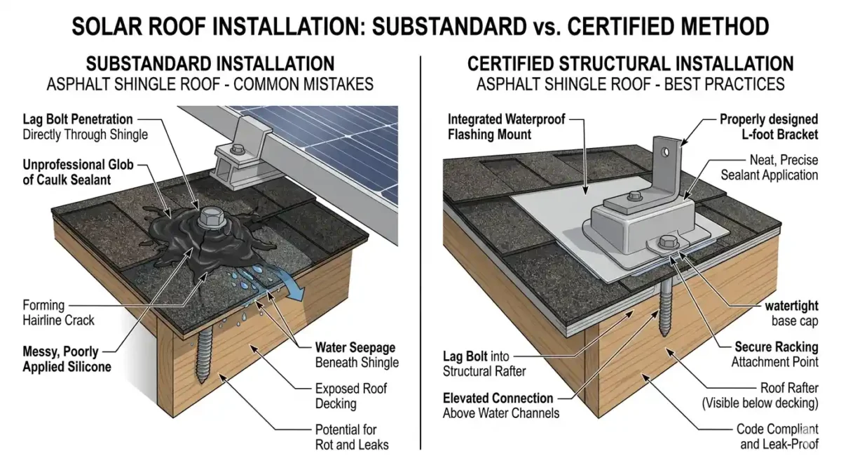 A side-by-side architectural illustration comparing a leaky substandard caulk-only installation to a certified watertight flashing mount to show how do solar panels cause roof damage through contractor error.