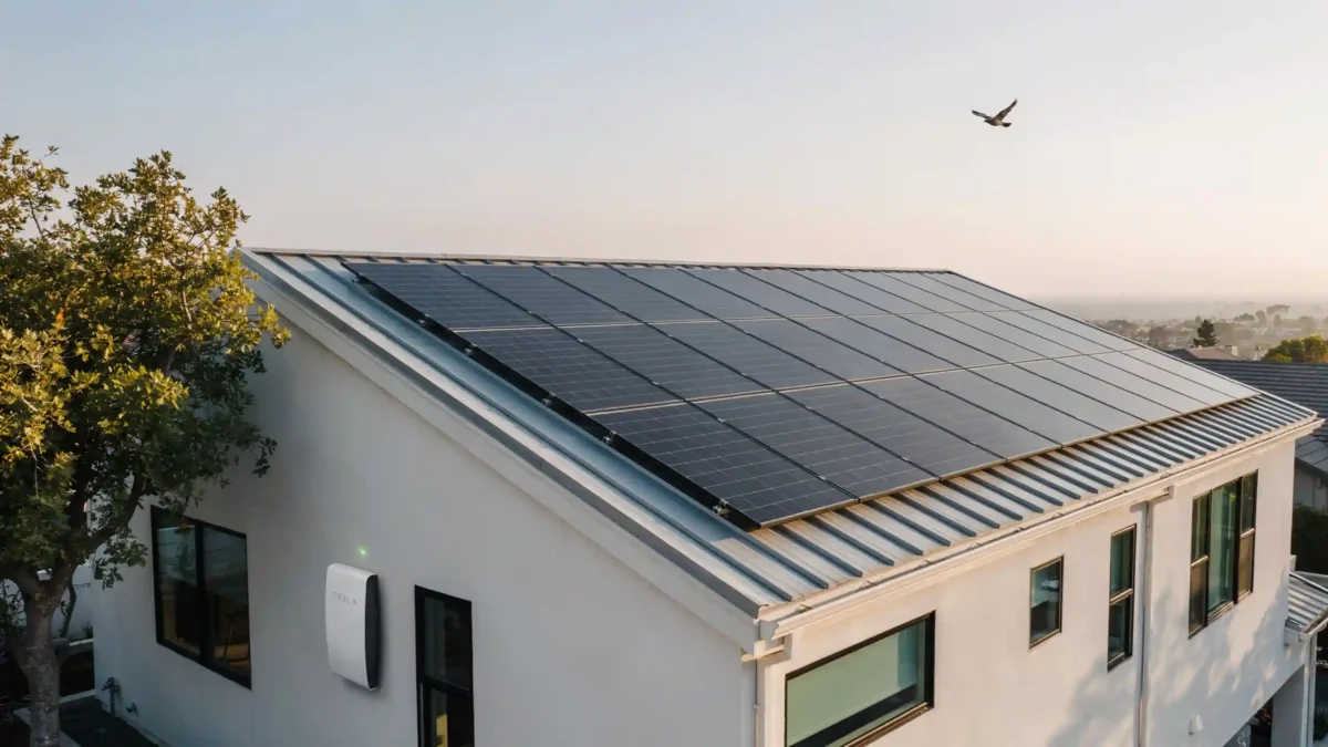 Close-up view of dark black Tesla solar panels mounted on a light gray standing seam metal roof of a modern home, with an integrated Powerwall battery and a tree on the side.