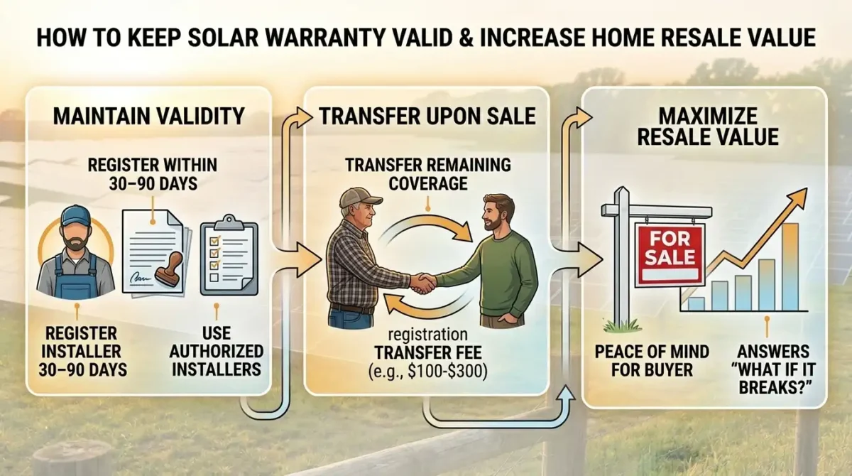 Visual guide explaining what does a solar warranty covers, including registration requirements, warranty transfer, and maximizing solar home resale value.