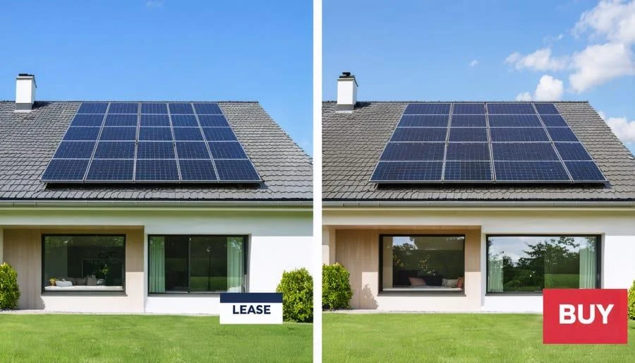 A calculator sitting on top of financial charts next to a residential solar panel array, illustrating the best way to finance solar systems.