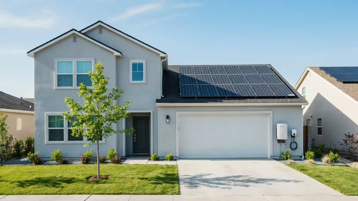 Exterior of a light grey two-story house featuring a clean installation of solar panels for home use on the roof above the garage.