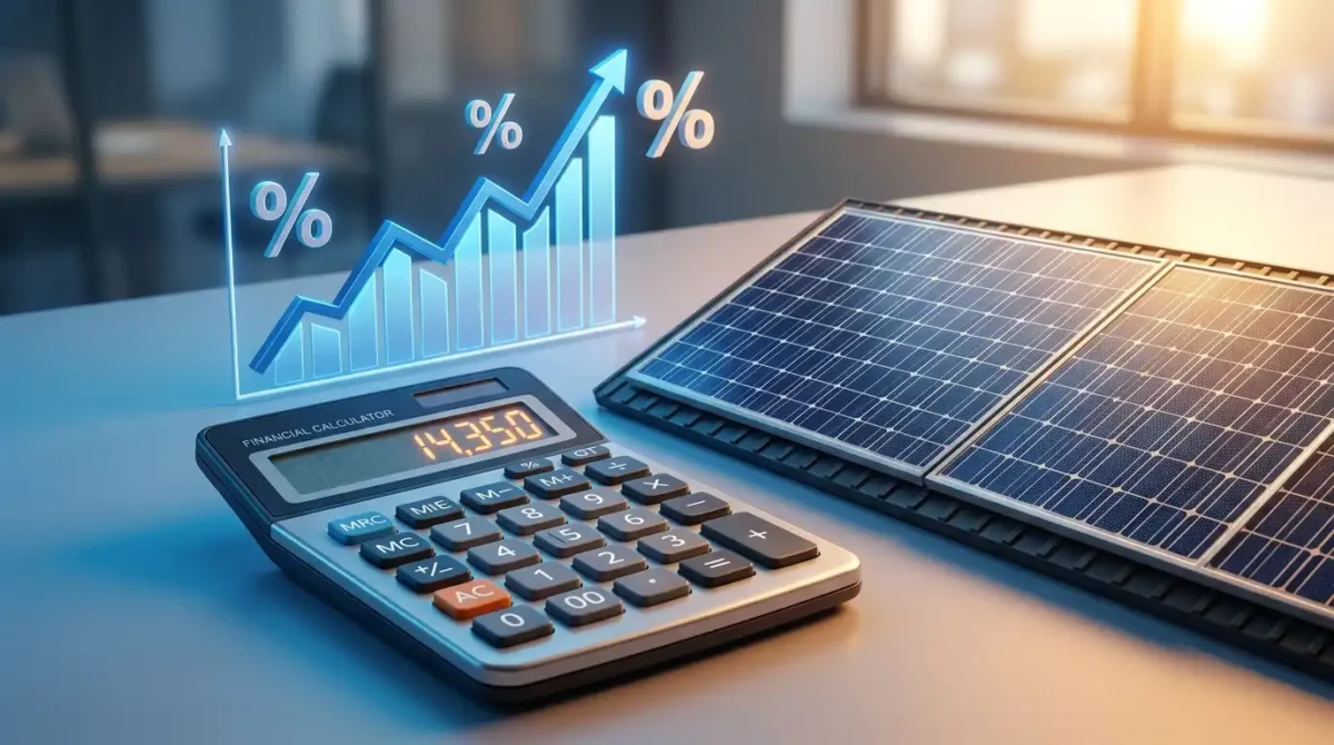 A close-up of a digital tablet displaying a comparison table and loan terms for solar financing, with a magnifying glass examining the details.