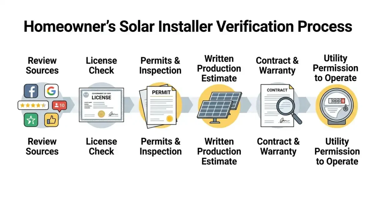 Educational infographic outlining the step-by-step contractor evaluation process for homeowners analyzing 8M Solar reviews and licensing.
