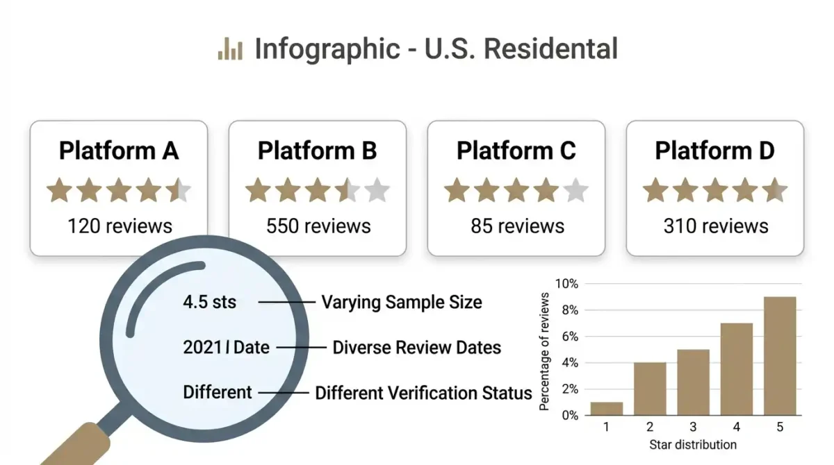 Infographic comparing rating distributions and sample sizes across platforms when researching 8M Solar reviews.