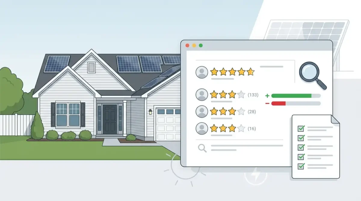 Editorial illustration of a suburban rooftop solar installation alongside an analytical review dashboard for researching 8M Solar reviews.