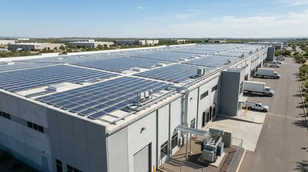 Aerial perspective of an extensive commercial solar panel installation on the roof of a large warehouse.