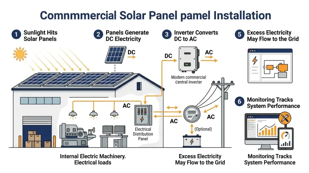 A step-by-step diagram illustrating the process of a commercial solar panel installation.