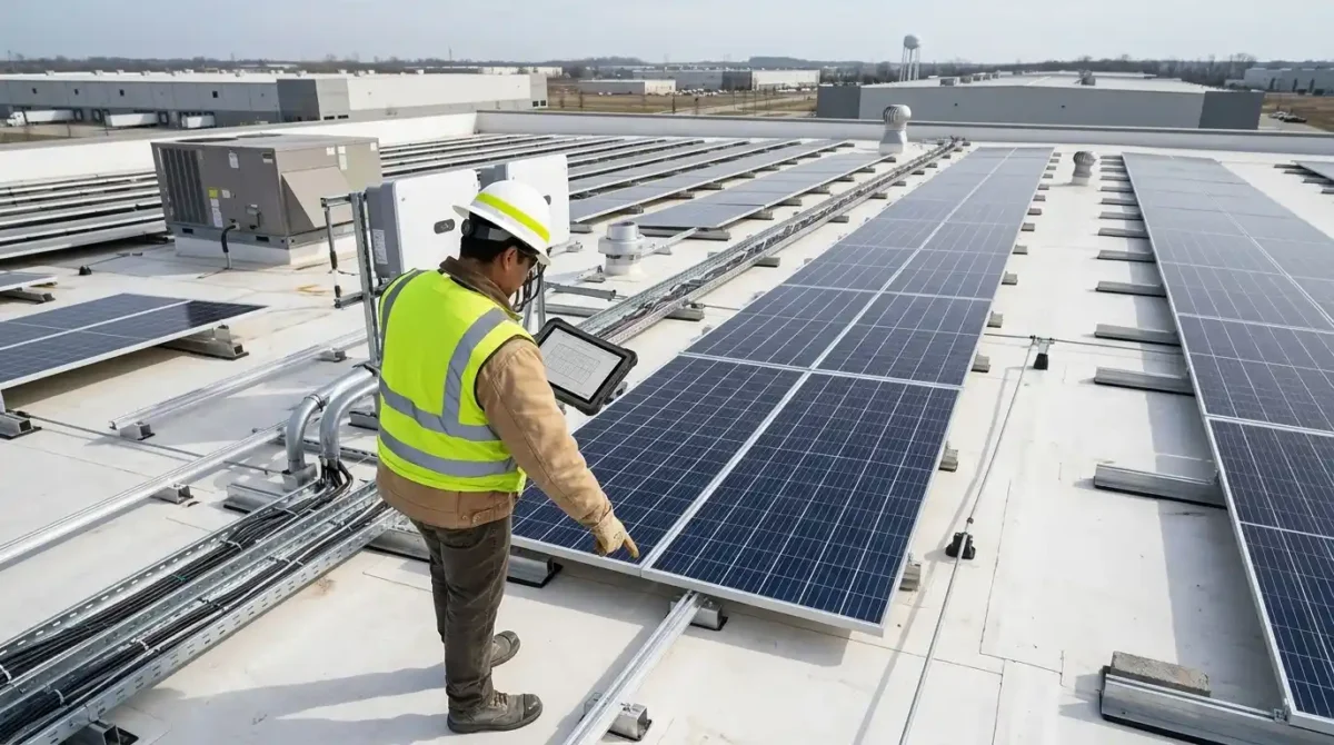 An engineer with a hard hat and safety vest inspecting a new commercial solar panel installation.
