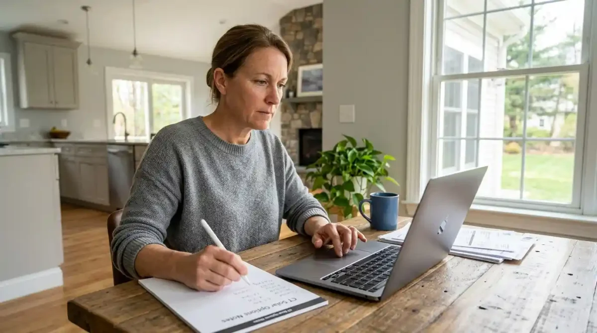 Connecticut homeowner using a laptop to compare quotes, warranties, and financing from local Connecticut solar companies.