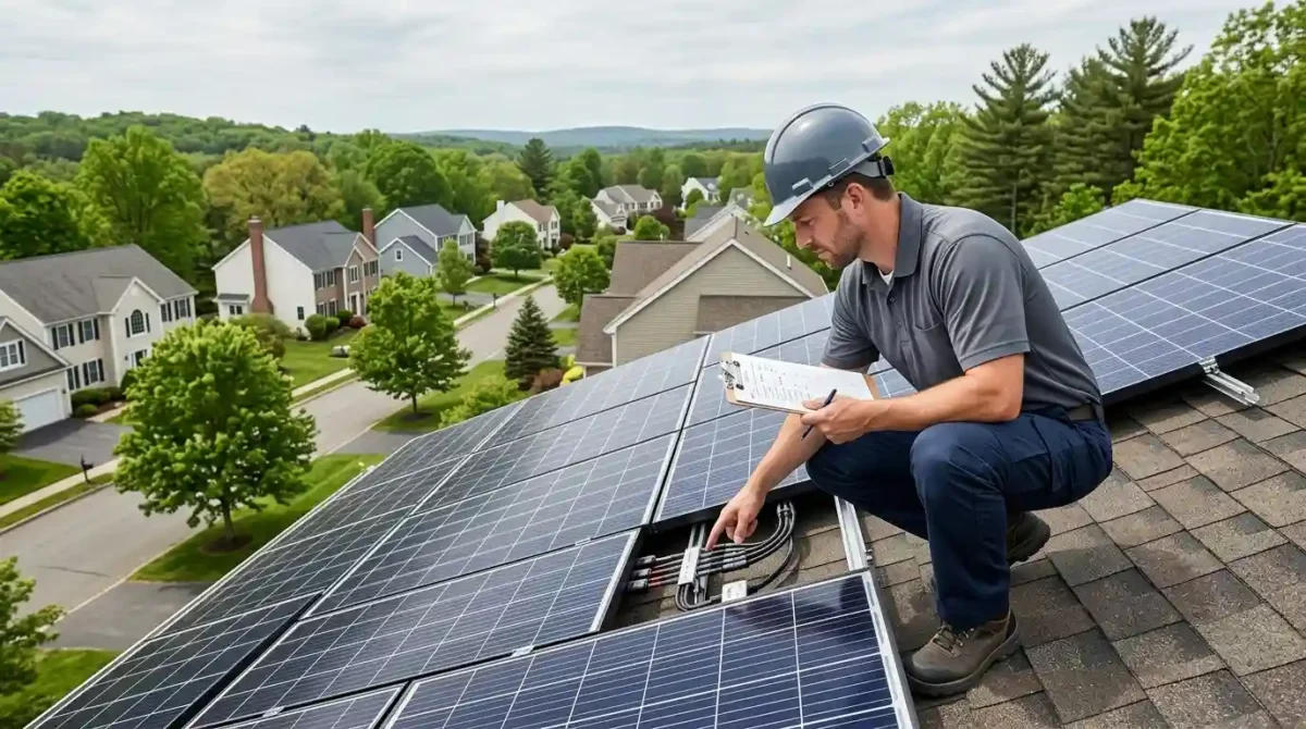 Technician from Connecticut solar companies inspecting rooftop solar panels with a checklist on a residential home.