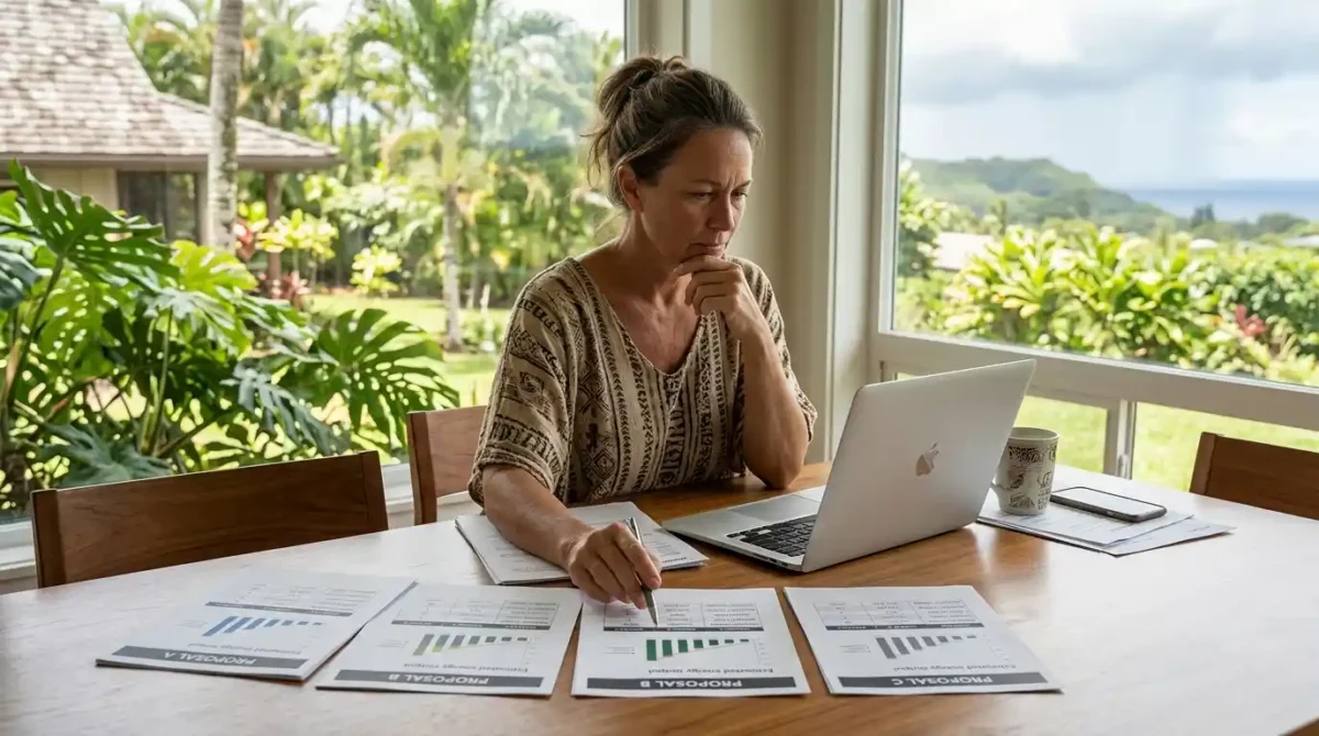 A Hilo Hawaii homeowner uses a laptop to review and compare four distinct printed solar proposals.