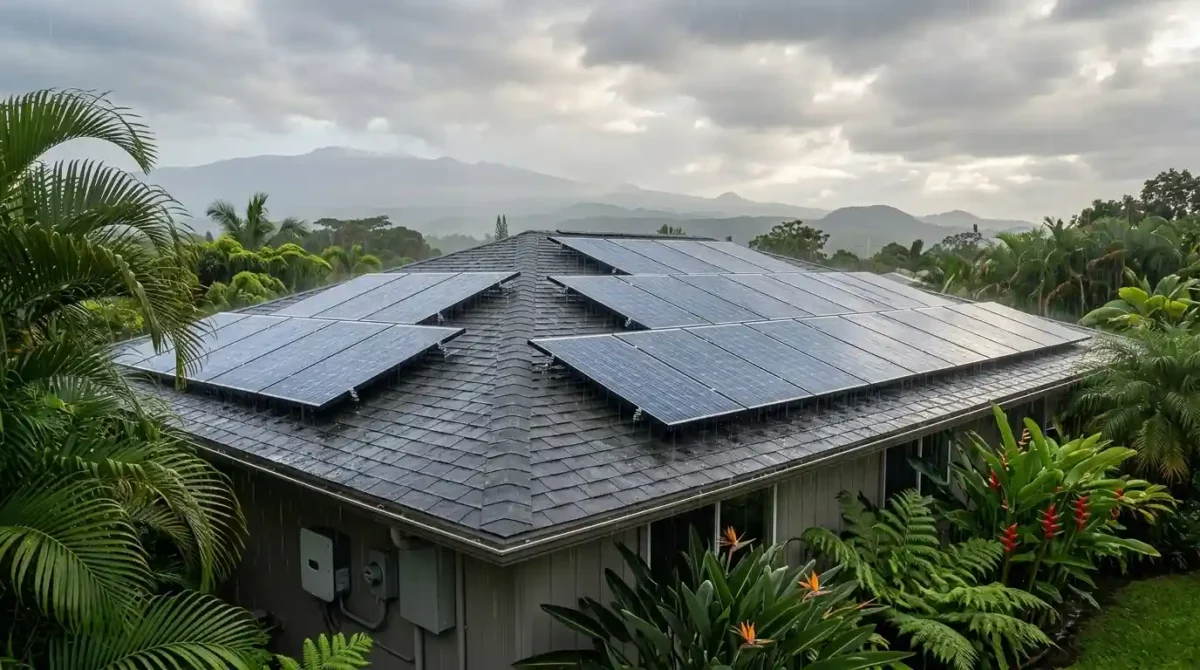 Rooftop solar panels on a Hilo Hawaii home during a light rain shower with mountains in the background.