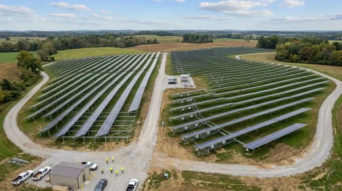 A sweeping aerial editorial view of a finished utility-scale solar power plant, featuring thousands of solar panels secured by durable RBI Solar racking.