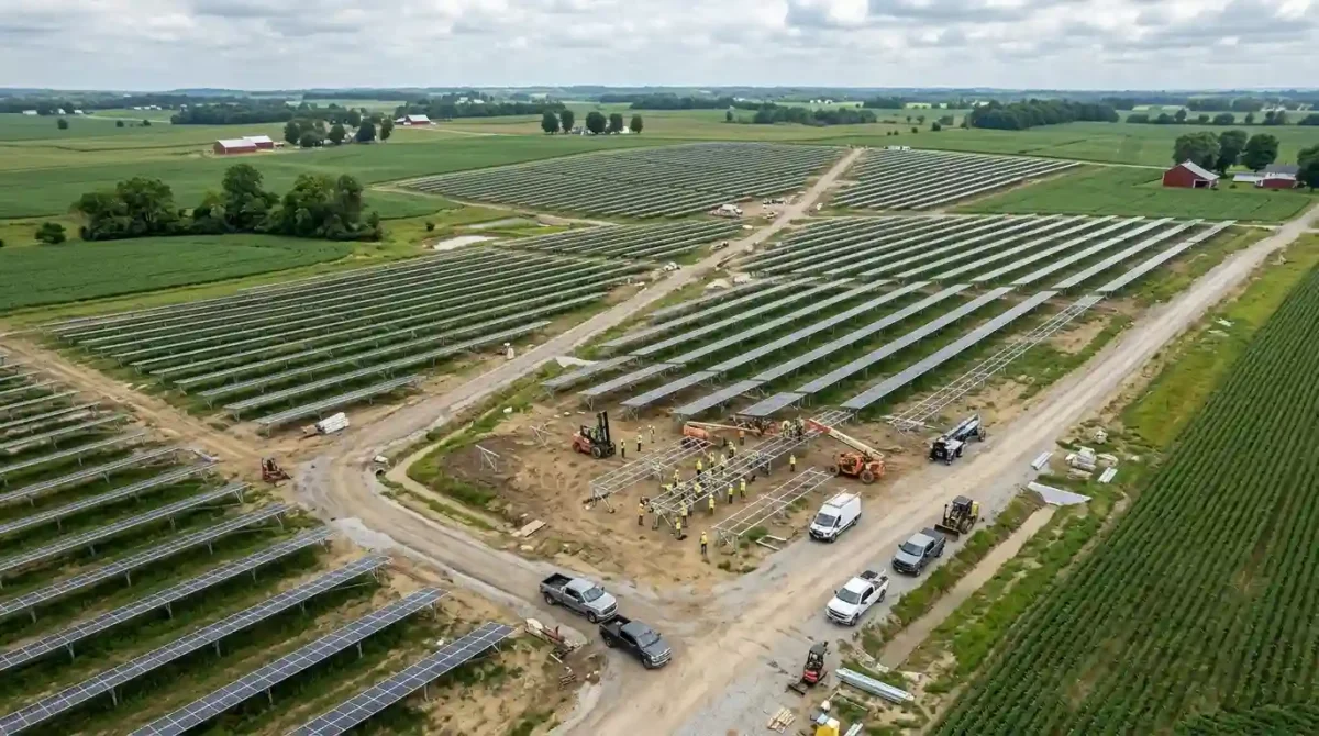 An aerial photograph showcasing the meticulous ground-mount racking installation process for a new utility-scale solar project, engineered by RBI Solar.