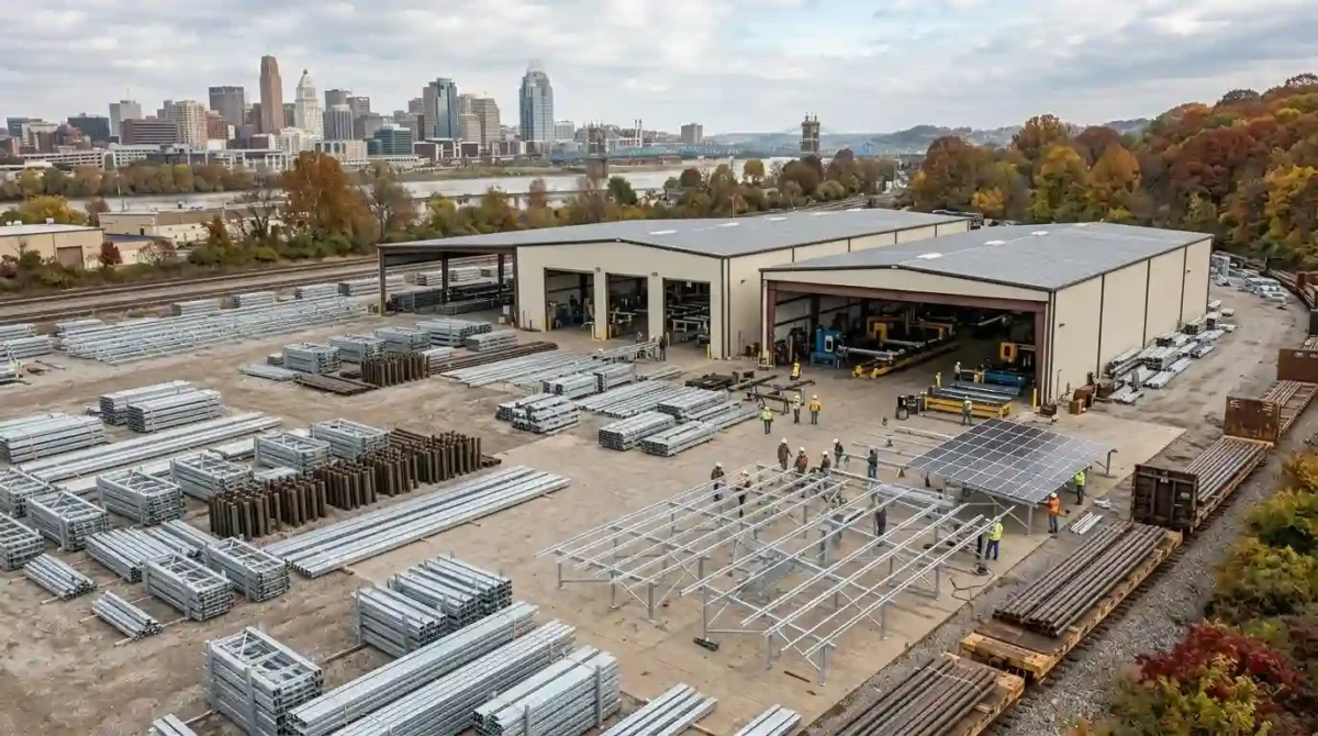 An aerial perspective of the RBI Solar manufacturing and storage facility in Cincinnati, showing an expansive yard packed with diverse galvanized steel mounting components.