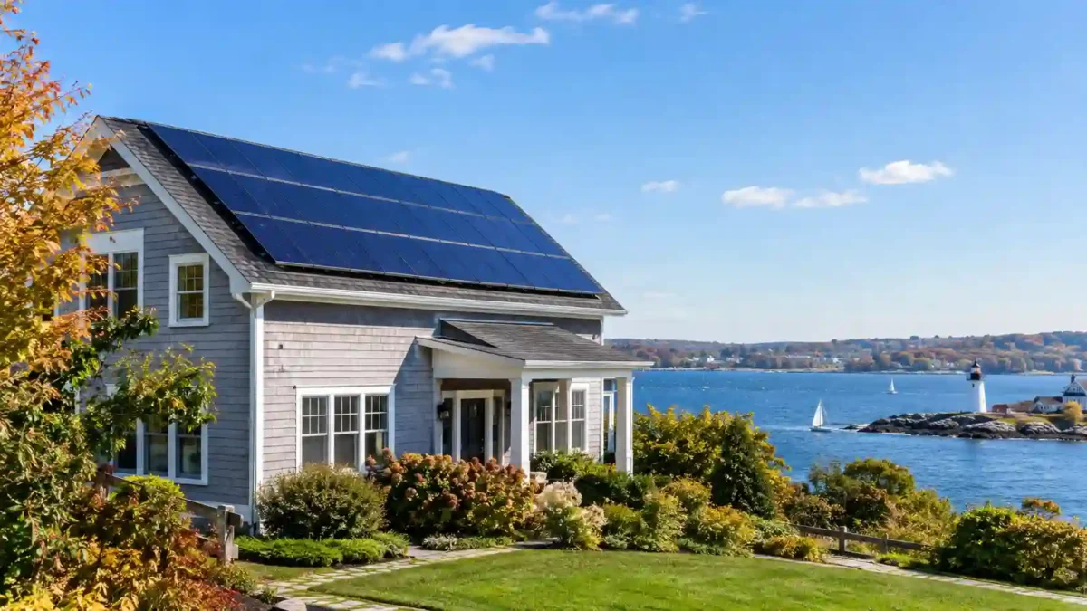 Coastal Connecticut home with a rooftop solar panel array installed by professional Connecticut solar companies.